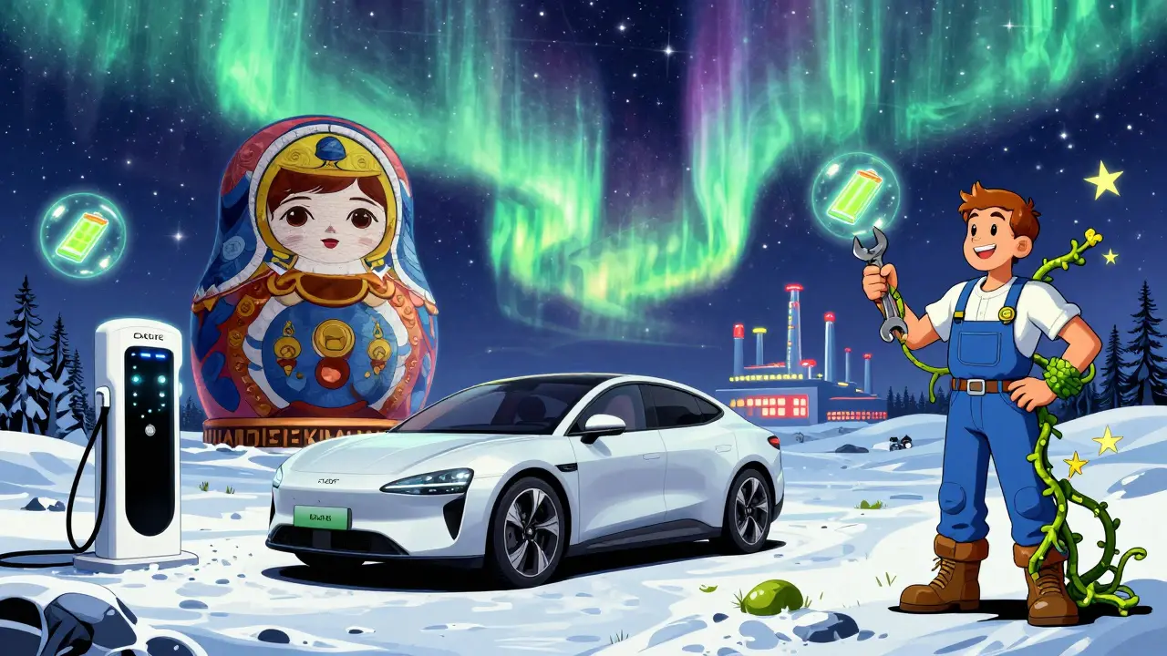 Электромобили Evolute заряжаются под северным сиянием с плавающими батареями в психоделическом стиле.