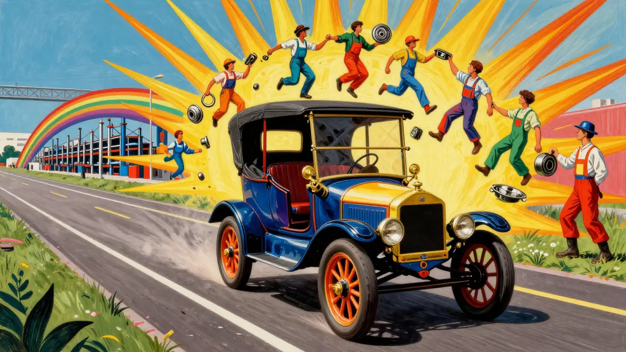 Ford Model T на радужной дороге с волшебной линией сборки и сияющими лучами.