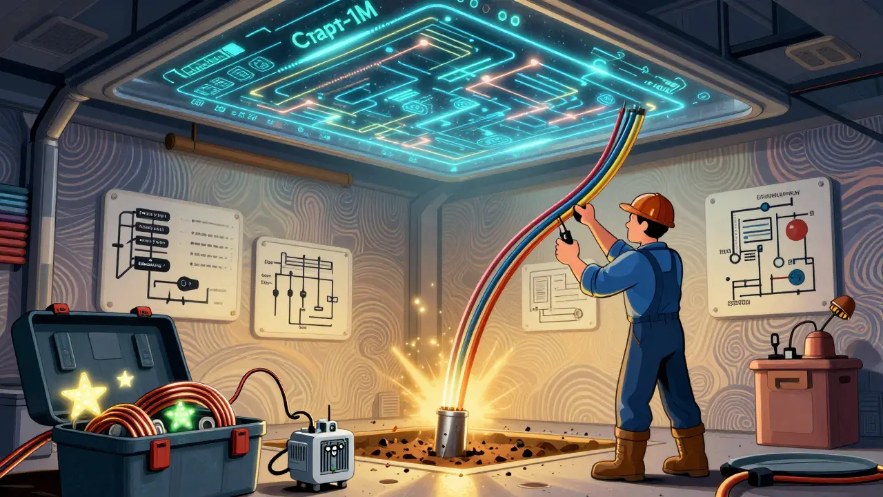 Футуристический гараж с умным мониторингом, заземляющим стержнем и радужными проводами, освещенный космическим светом.