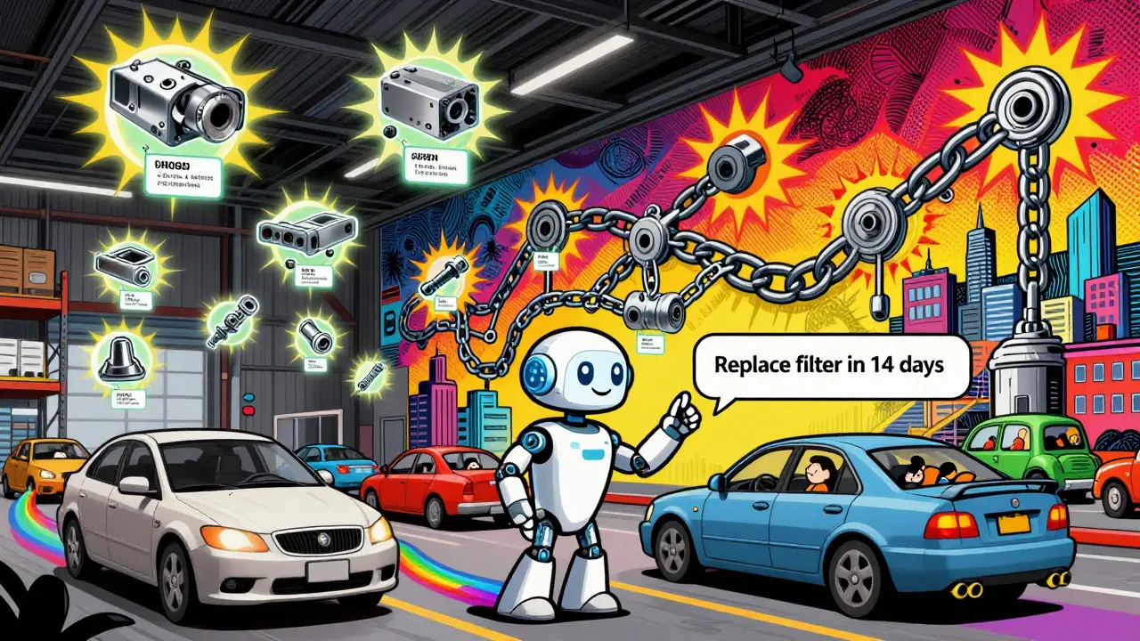 Футуристический склад с плавающими сертифицированными запчастями и ИИ-роботом, отправляющим уведомление о замене фильтра.