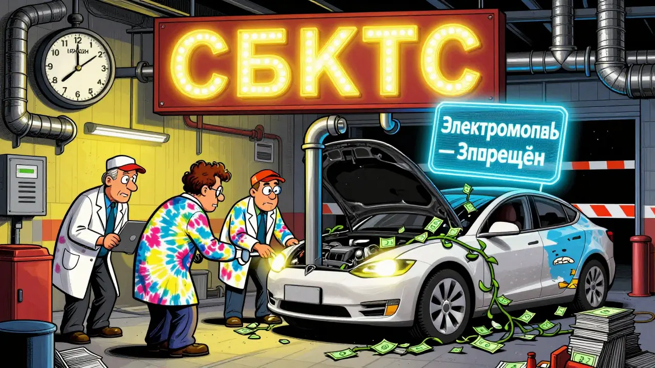 Гараж с проверкой автомобиля, где техники работают под знаком СБКТС, а часы тикают к задержке.