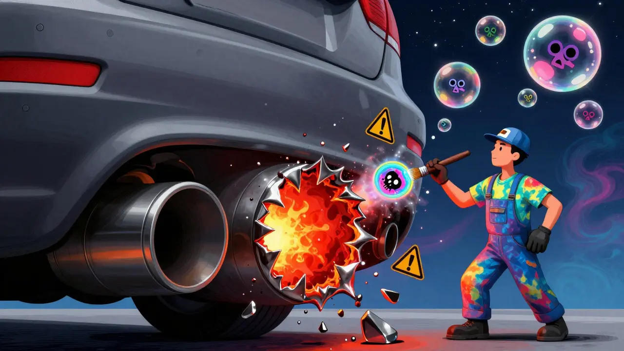 Горящая дыра в глушителе, заклеиваемая психоделической заплаткой, с пузырями угарного газа.