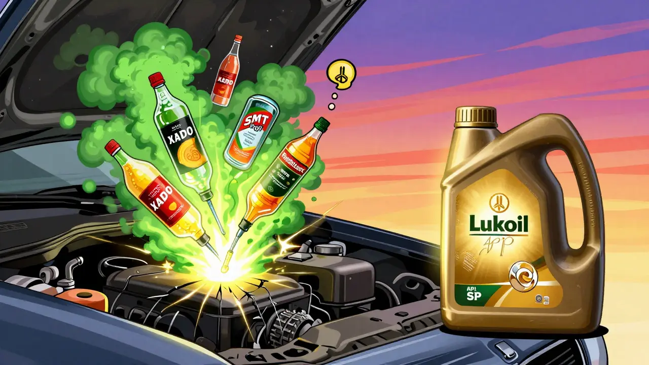 Хаотичные присадки взрываются в двигателе, в то время как чистое масло светится золотым светом