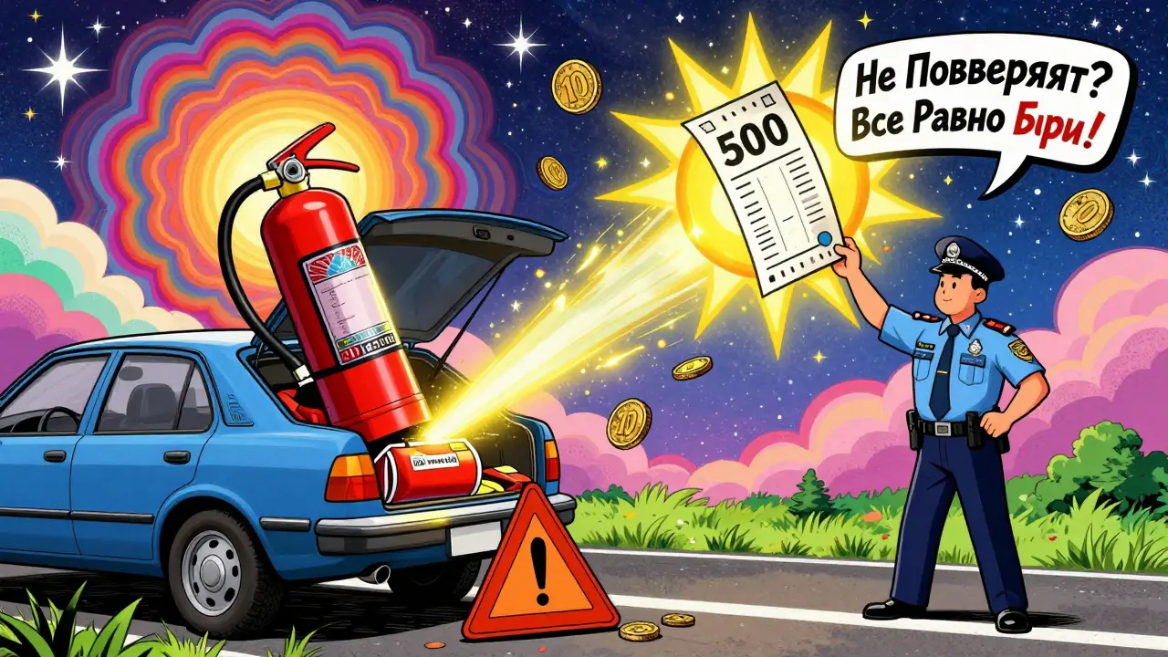 Из багажника машины вылетают огнетушитель, аптечка и знак аварийной остановки в стиле психоделической иллюстрации.