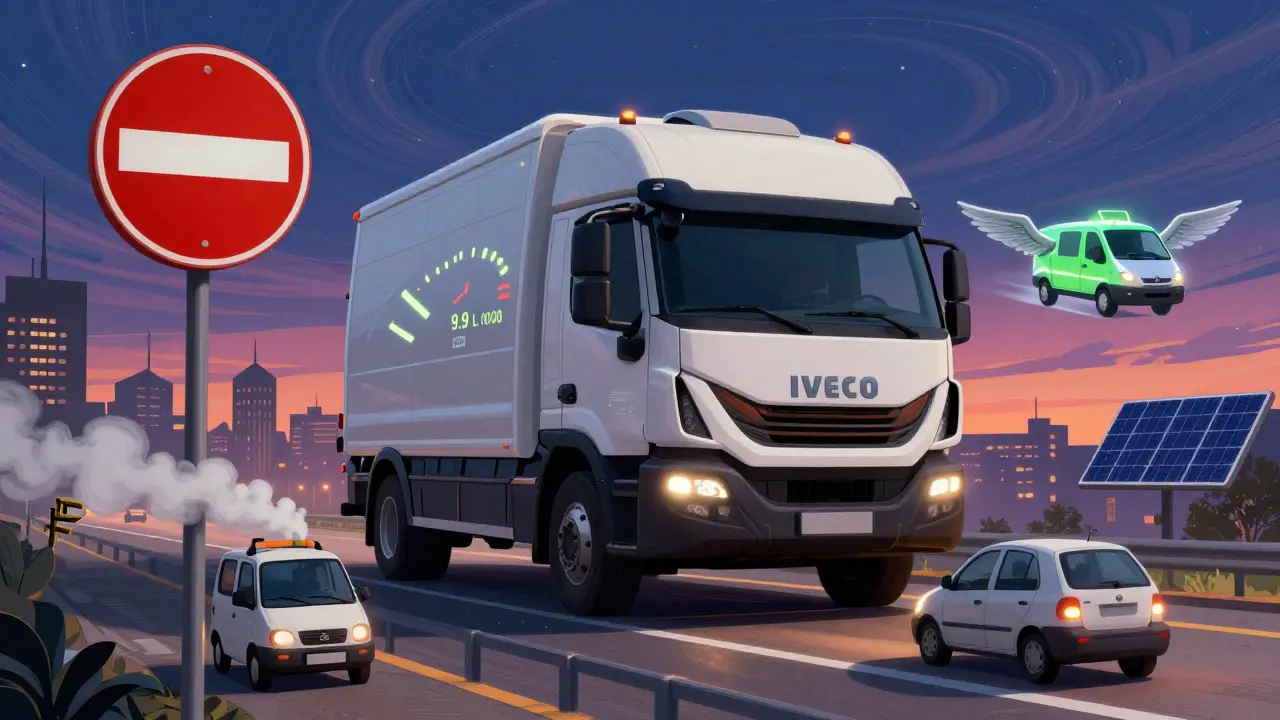 Крупный фургон Iveco Daily на трассе рядом с маленьким GAZель Next, а вдалеке — электрический фургон будущего.