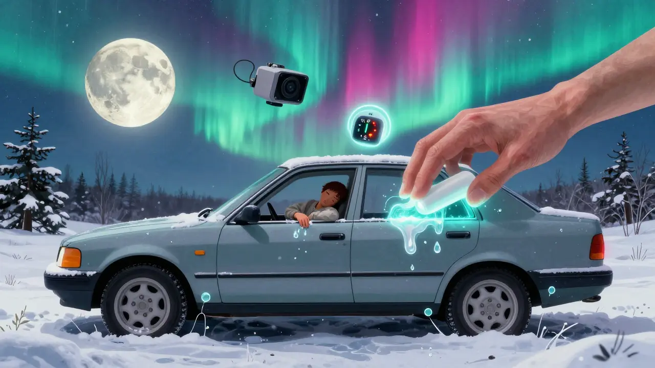 Машина в снегу с магическим нанесением глицерина на уплотнители, вокруг — луна, камера и спящий силуэт.