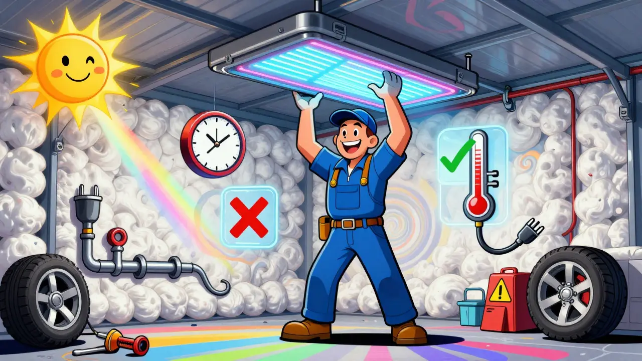 Механик устанавливает инфракрасные панели в гараже, вокруг — символы экономии, утепления и безопасности в ярких психоделических тонах.