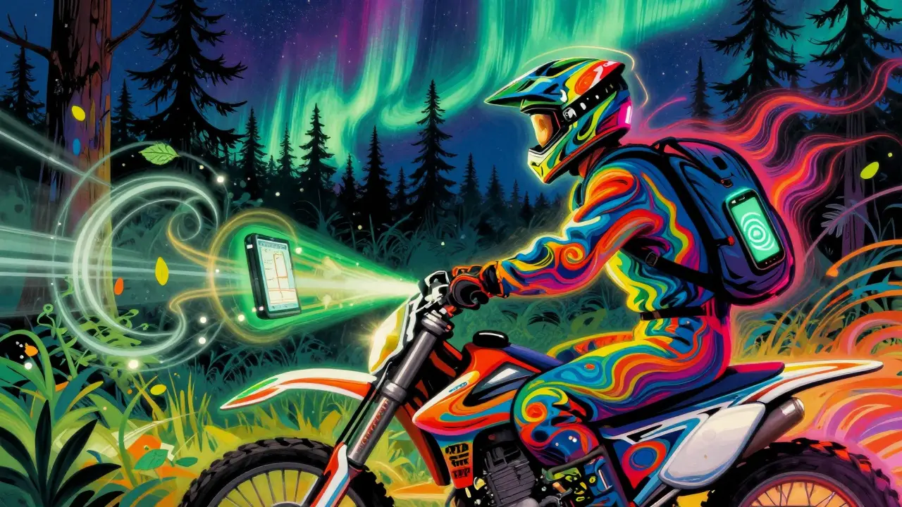 Мотоциклист в психоделическом лесу с работающим GPS и слабым смартфоном в рюкзаке.
