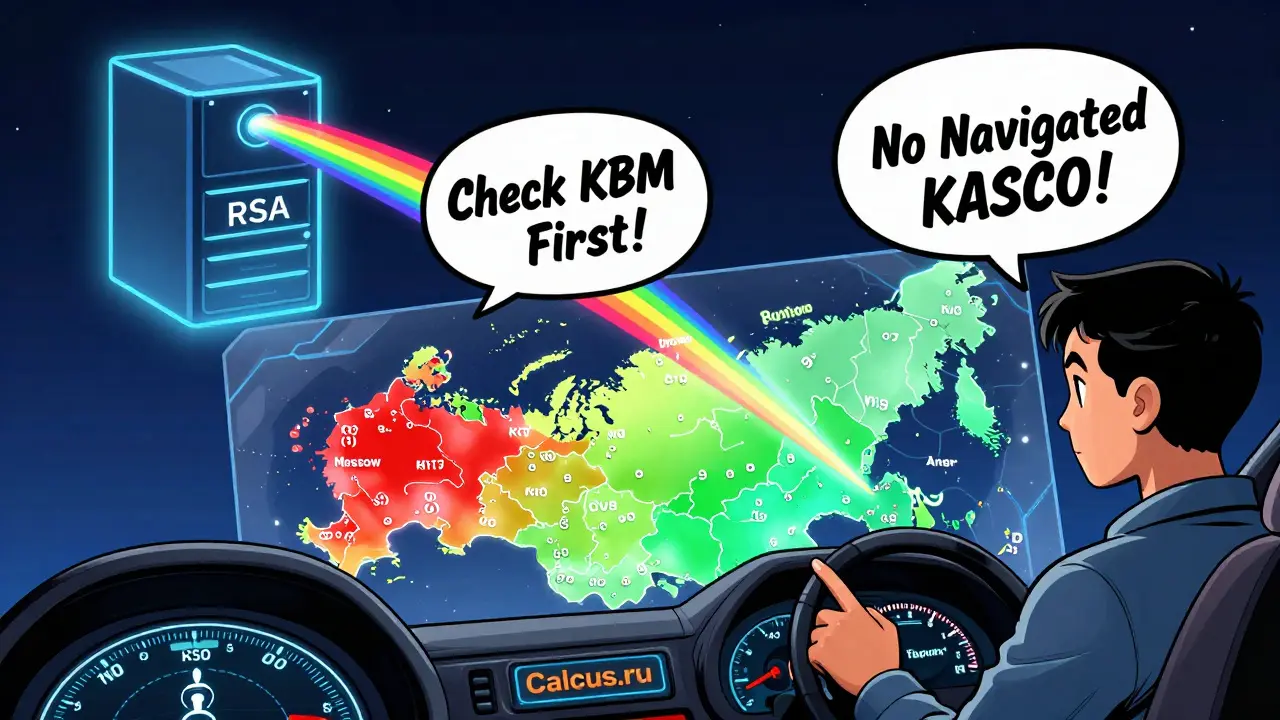 Панель автомобиля с картой России, водитель нажимает кнопку Calcus.ru, над головой — радуга, соединяющая с сервером РСА.