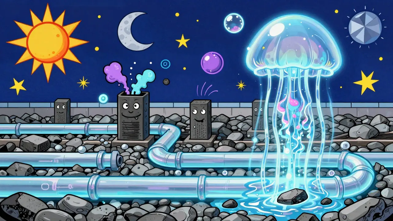 Подземная дренажная система с фильтрами в виде симпатичных существ, витая в камне и геотекстиле.