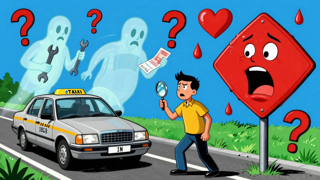 Покупатель осматривает VIN-код, вокруг него — призраки таксистов и символы дорогих ремонтов в психоделическом стиле.