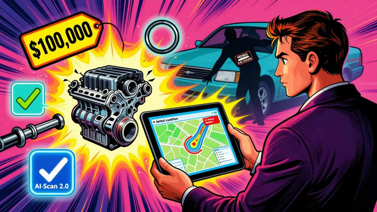 Покупатель смотрит на 3D-анализ двигателя на планшете, а продавец пытается скрыть повреждения.