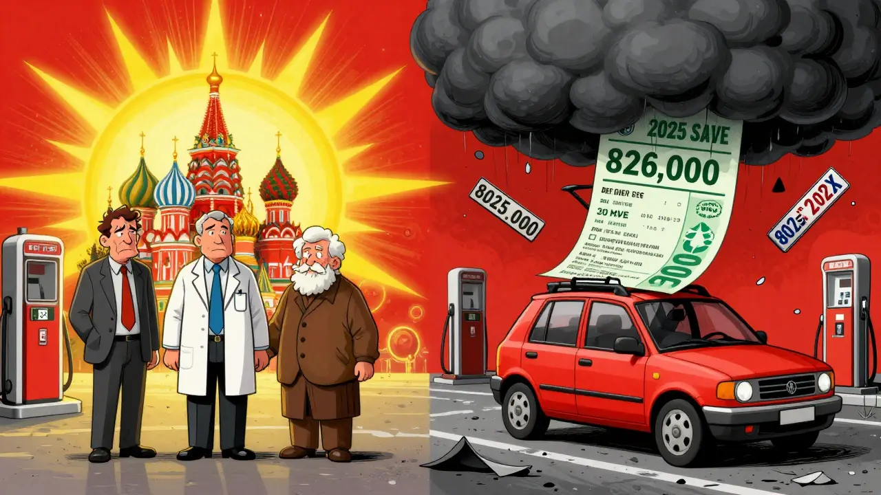 Разные люди вокруг электромобиля, над ним — туча огромной платы за утилизацию.