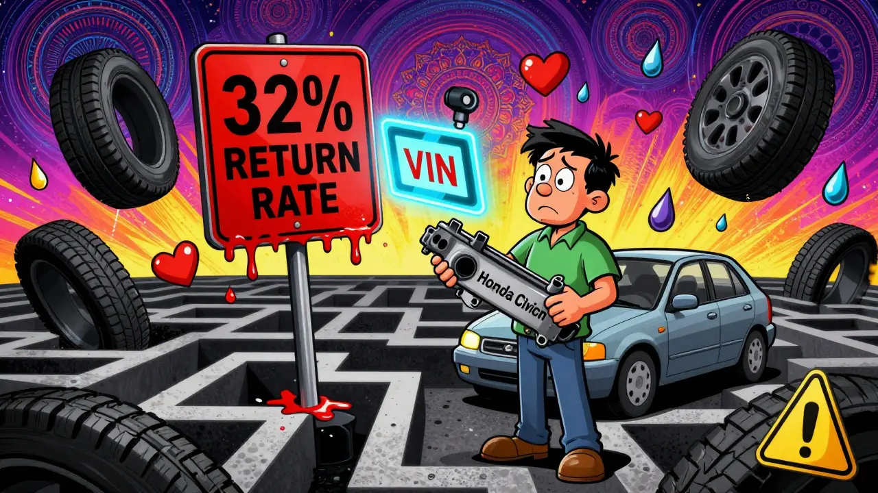 Разочарованный владелец автомобиля перед лабиринтом неправильных запчастей, над которым светится сканер VIN.