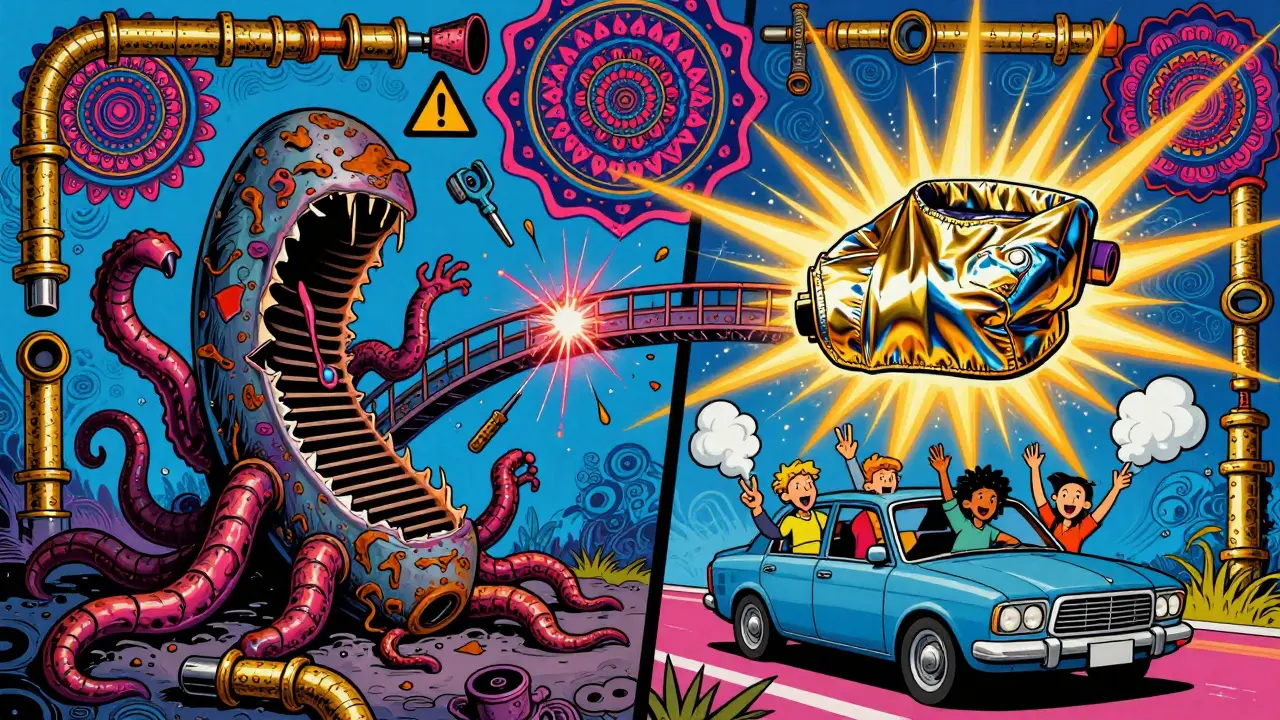 Разрушенный глушитель слева, новый — справа, соединённые искрами сварки и символами безопасности.