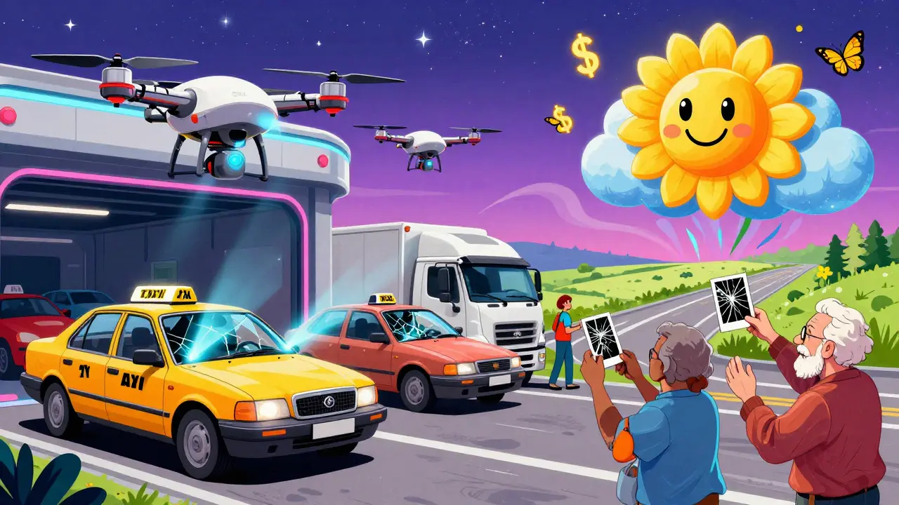 Роботы анализируют стекла, водители передают фото, облако-страховщик с цветами, пейзаж российских дорог в психоделическом стиле.