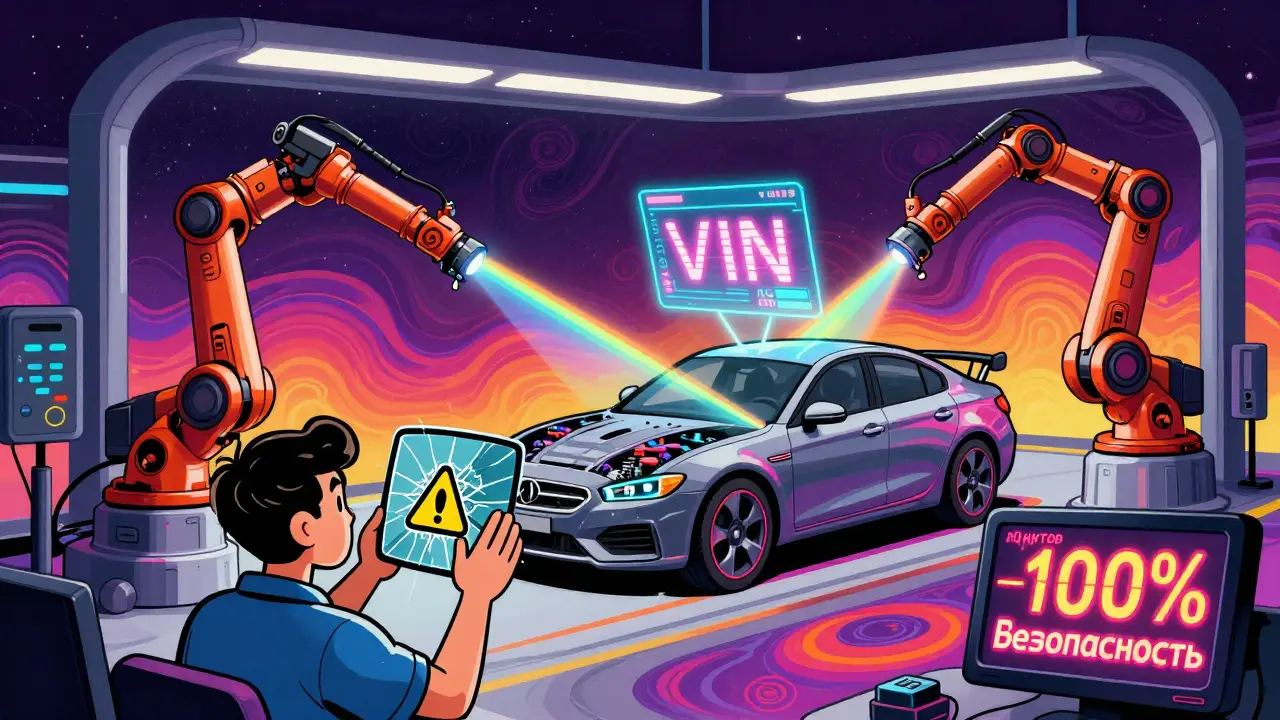 Роботы проверяют автомобиль с помощью лазеров, а над кузовом светится голографический VIN-номер в радужных тонах.