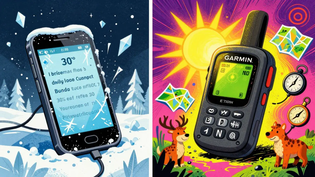 Смартфон в морозе против надёжного навигатора — психоделический контраст в стиле Питера Макс.