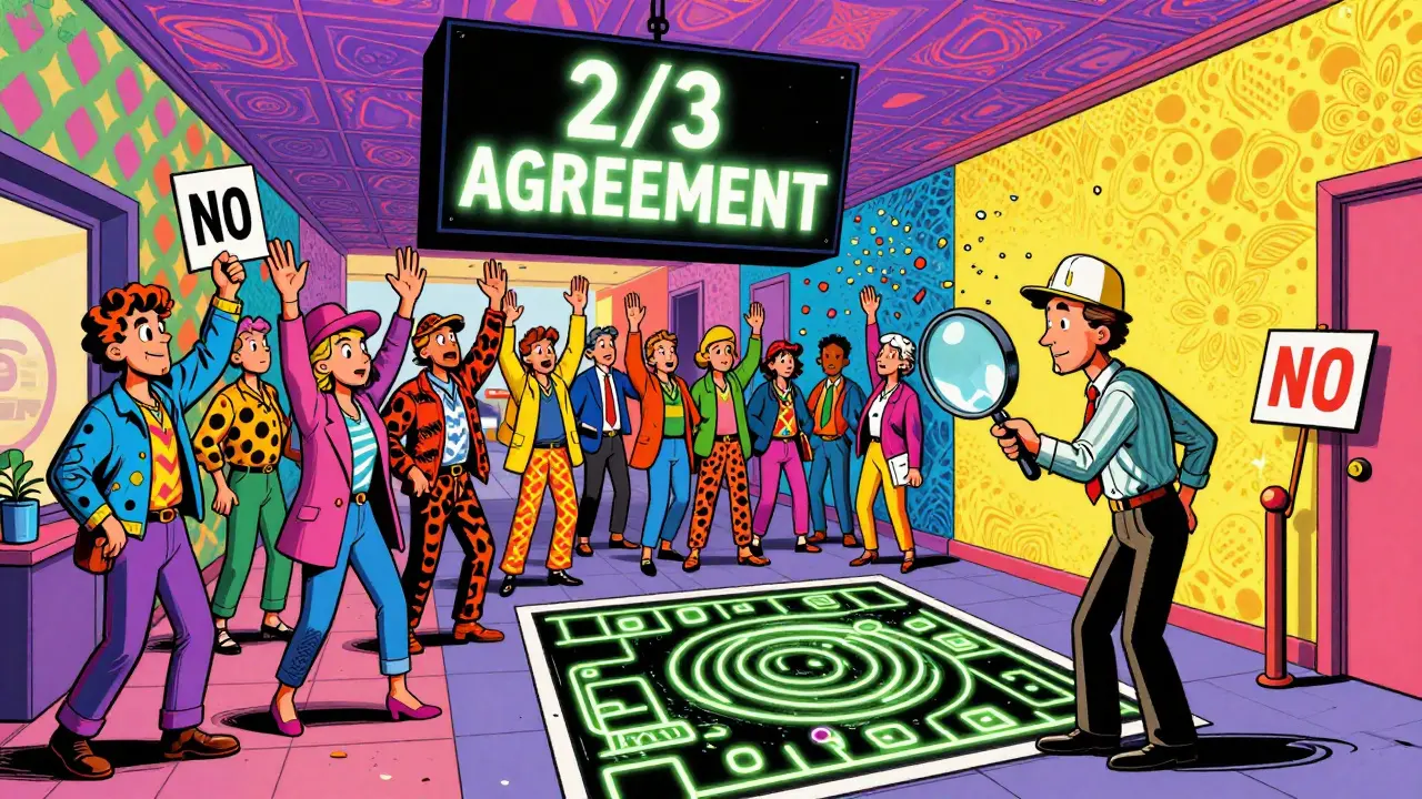 Собрание соседей в психоделическом коридоре, голосующих за выделение машиномест, в стиле Питера Макс.