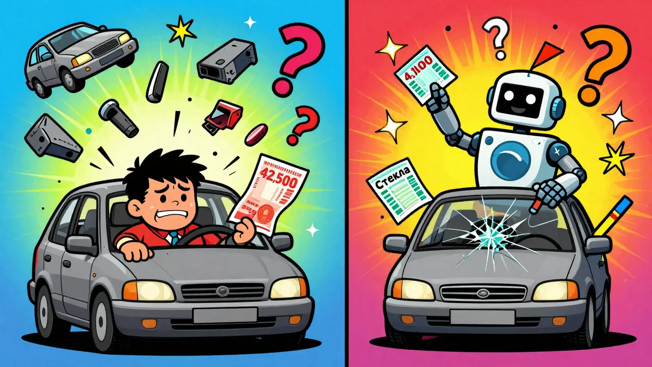 Сравнение дорогих и дешевых страховок: один водитель платит огромный счет, другой — маленький билет, в психоделическом стиле.