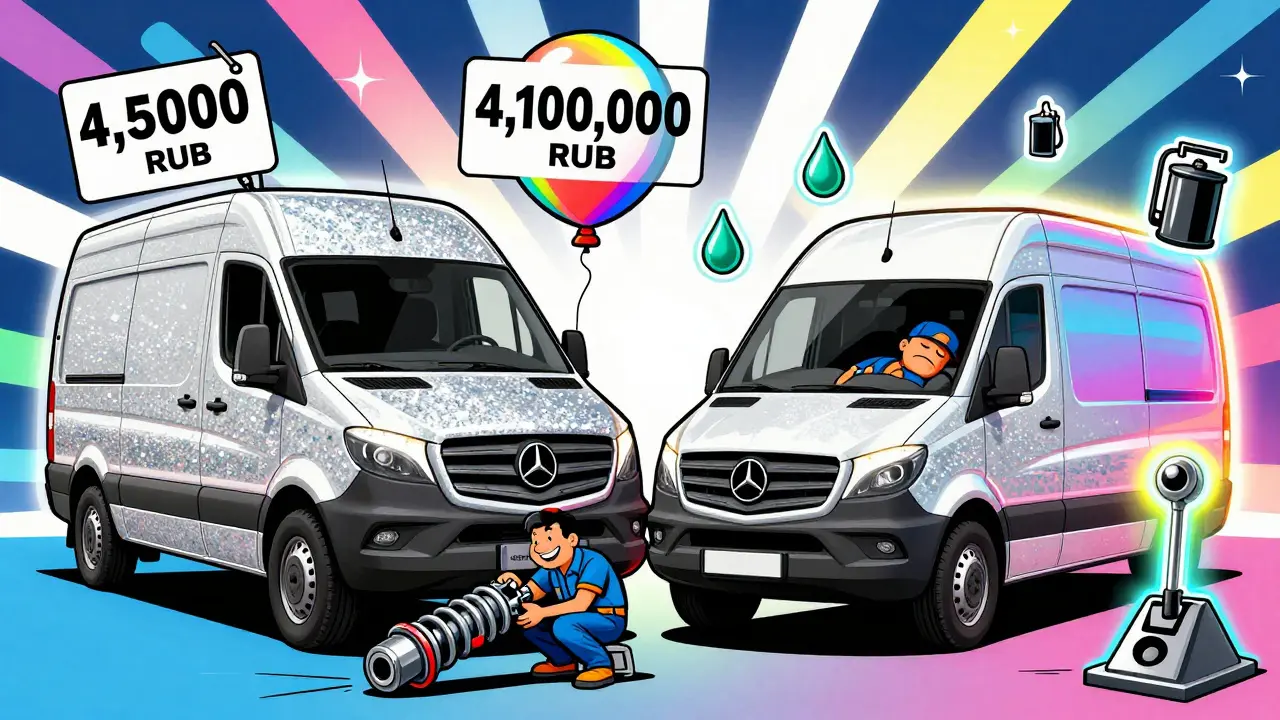 Сравнение ГАЗель Next и Mercedes Sprinter в ярком иллюстративном стиле с ценами и запчастями.