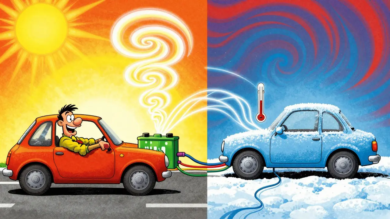 Сравнение летней и зимней рекуперации энергии в электромобиле в ярком иллюстративном стиле.