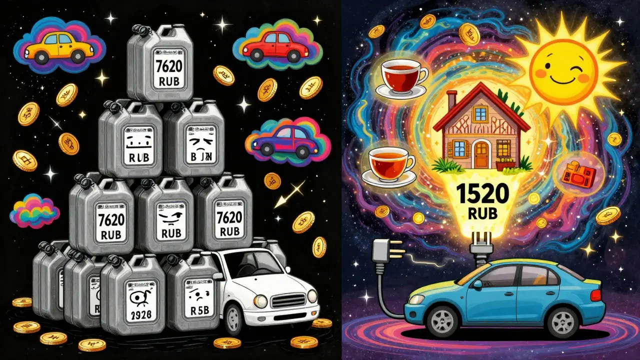 Сравнение расходов: гигантская куча бензина против маленькой зарядки с сияющими монетами.