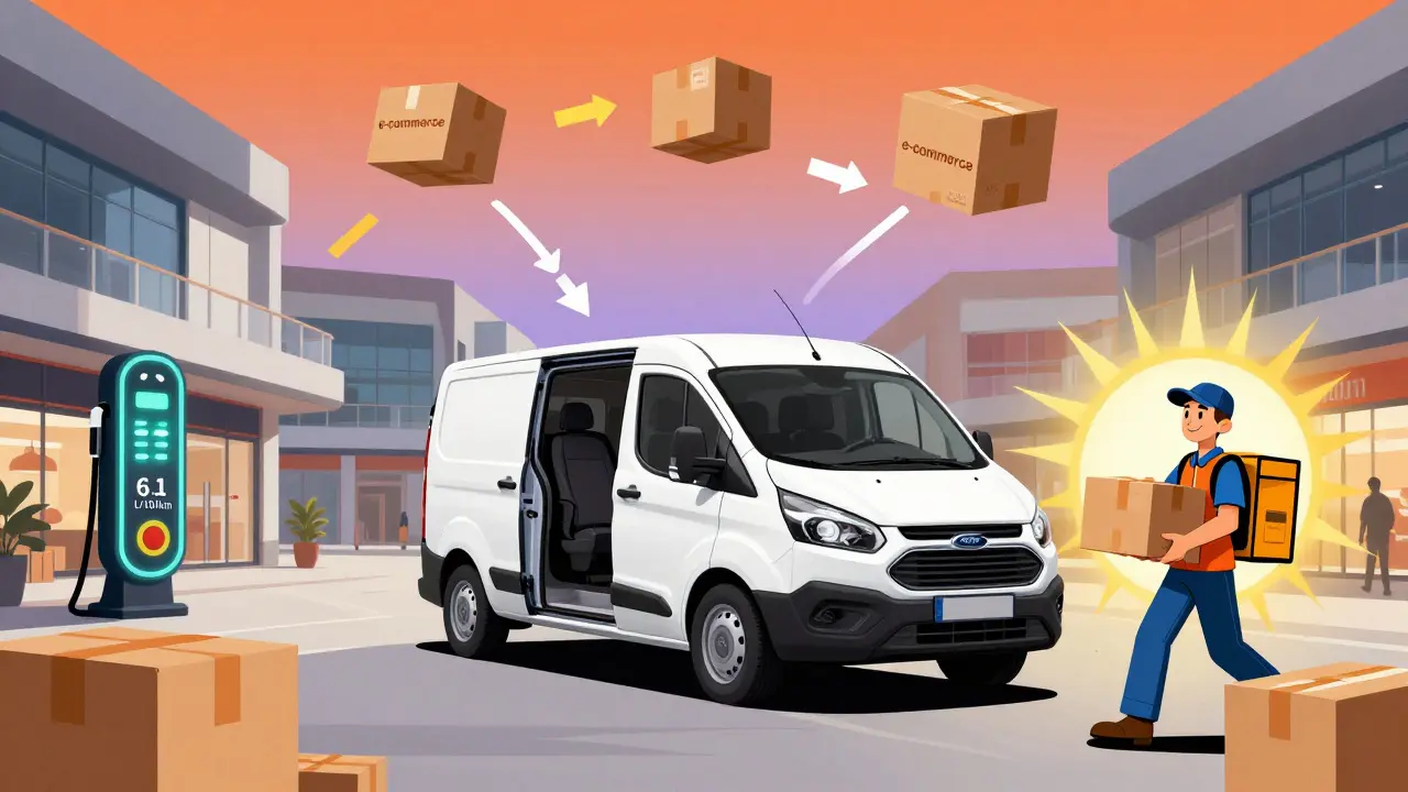 Средний фургон Ford Transit Custom грузится в торговом центре с двойными дверями и показателем экономичности.