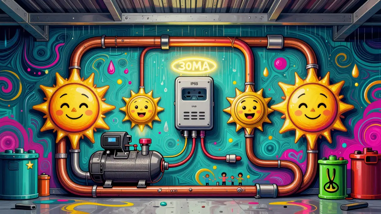 Стена гаража с улыбающимися розетками, медным кабелем и защитным УЗО, окруженная психоделическими узорами и дождем.