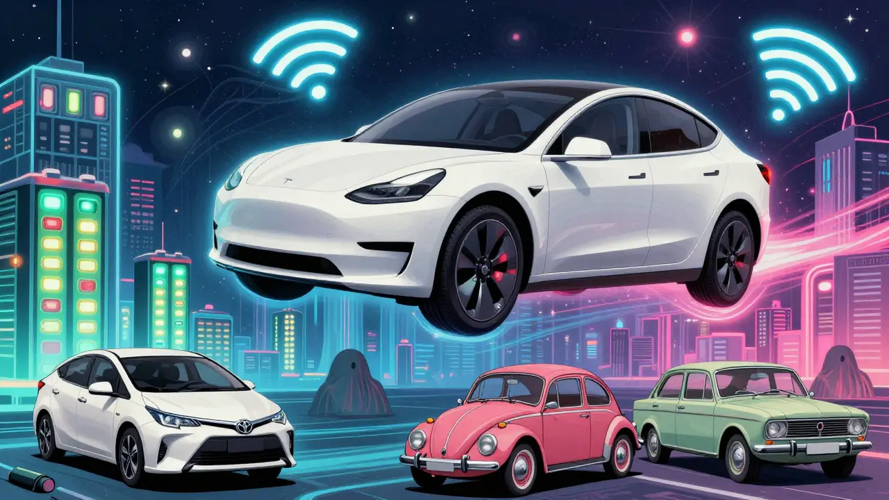 Tesla Model 3 летит над городом из батарей, а старые машины — как призраки внизу.