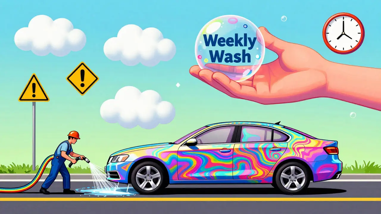 Три уровня защиты автомобиля: распыление антикора, керамическое покрытие и мытье — всё в психоделическом стиле.