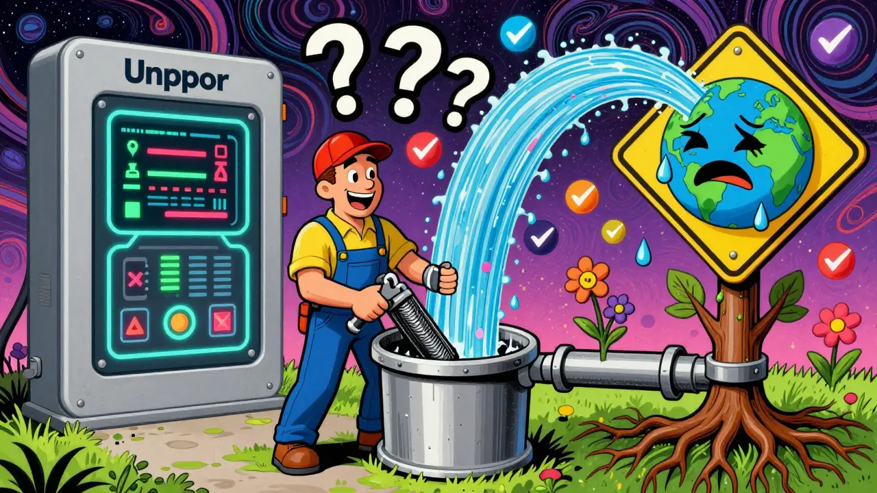 Владелец гаража устанавливает фильтры, вокруг него летают символы экологии и умных технологий.