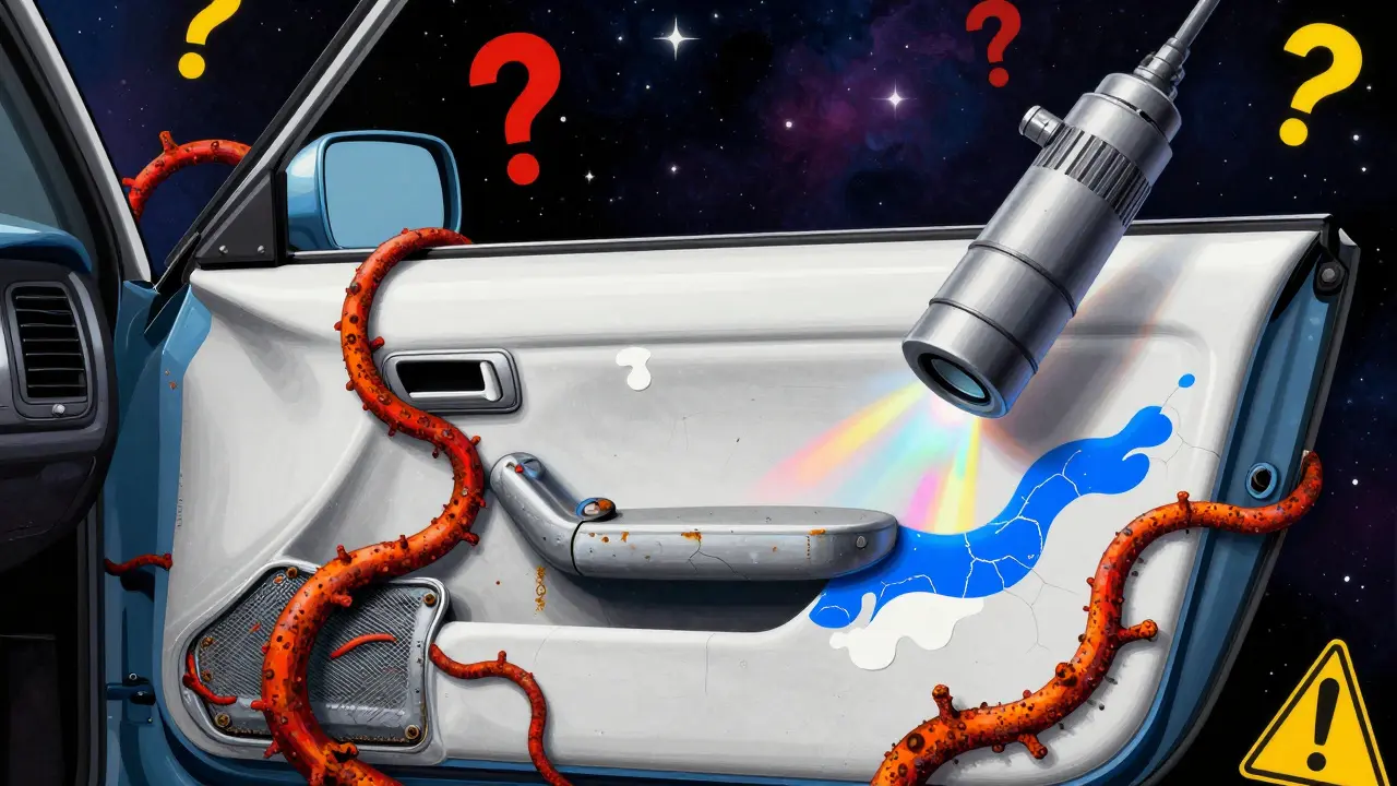 Внутри порога автомобиля — ржавчина и следы герметика, освещённые радужным светом эндоскопа.