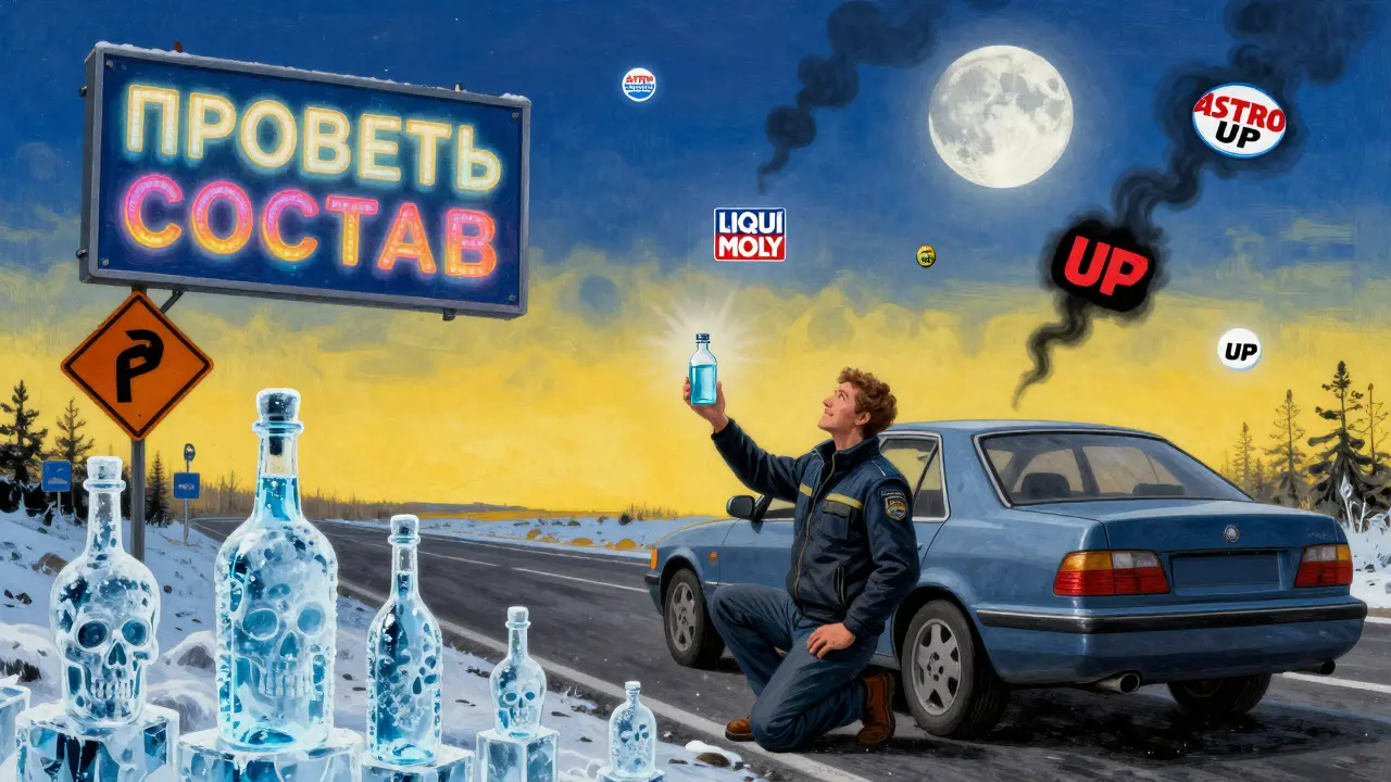 Водитель проверяет жидкость на морозе, вокруг — замёрзшие ядовитые бутылки и светящиеся бренды.
