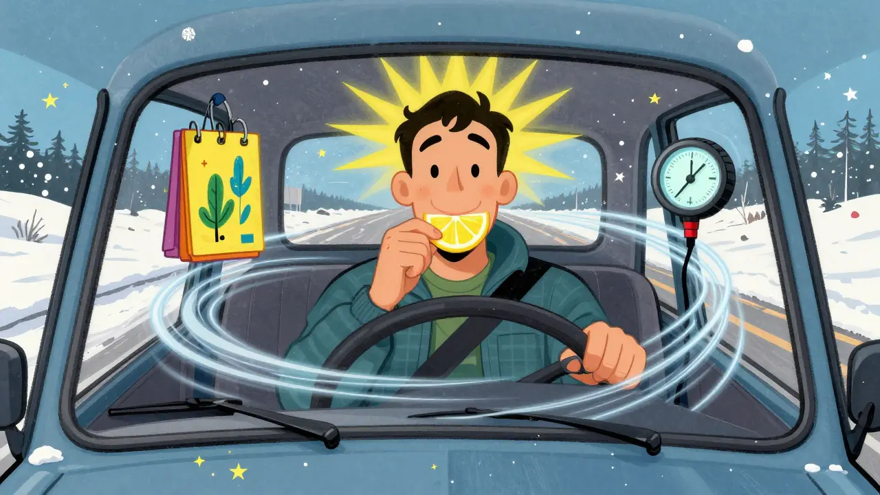 Водитель с лимоном под языком едет по снегу, вокруг него — светящиеся органайзеры и энергетические линии.