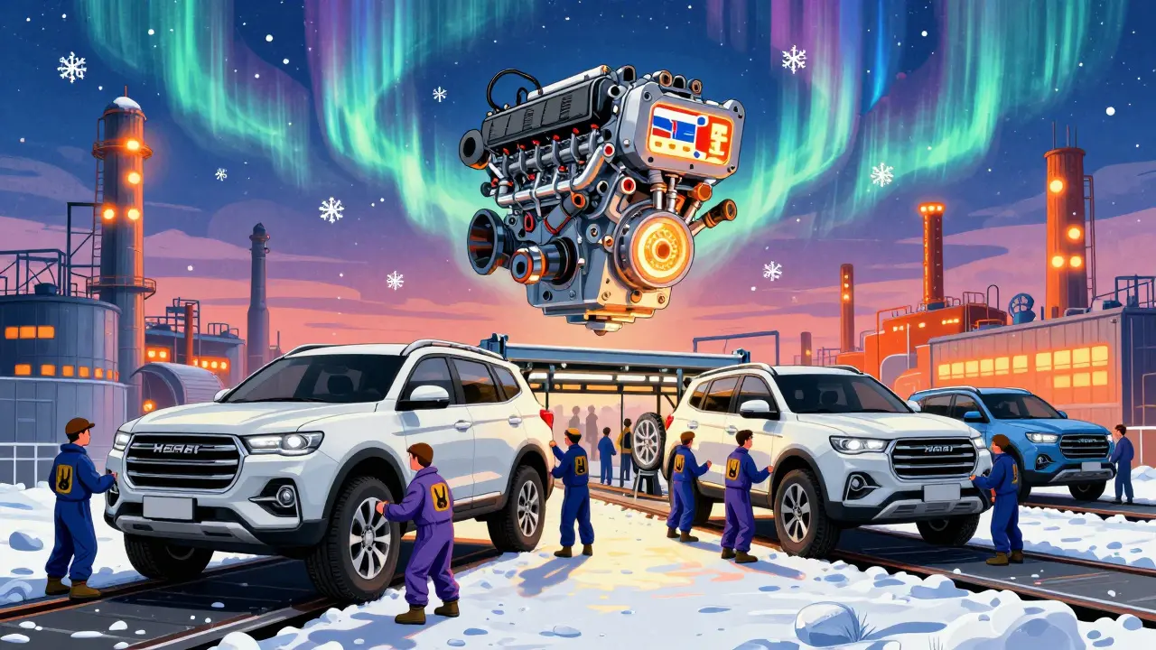 Завод в Туле, где собирают Haval, с плавающими снежинками и неоновыми огнями в психоделическом стиле.