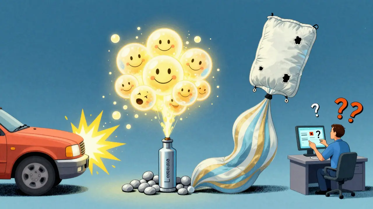 Цикл работы подушки безопасности: удар, химическая реакция и медленное спускание газа в стиле психоделической иллюстрации.