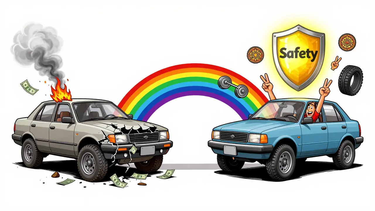 Два мира: разрушенная подвеска слева и безопасная поездка справа, соединенные мостом из грузиков.