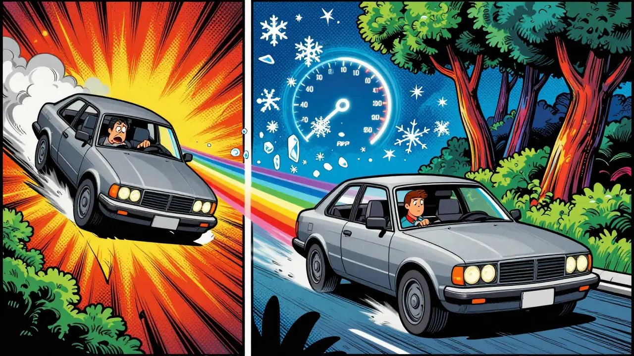 Два сценария: один с перегретыми тормозами, другой — с торможением двигателем, все в психоделическом стиле с радужными потоками энергии.