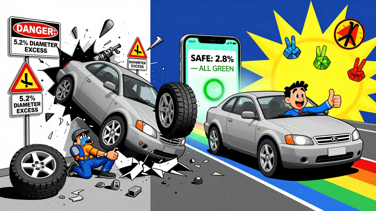 Два сценария: одна машина разрушает всё, другая едет по радуге — с правильными шинами и зелёным статусом.