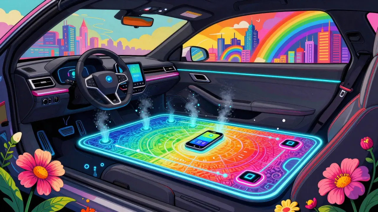 Футуристический салон с цветным EVA-ковриком, смартфоном и датчиками влаги, всё в психоделическом стиле Питера Макс, 2026 год.