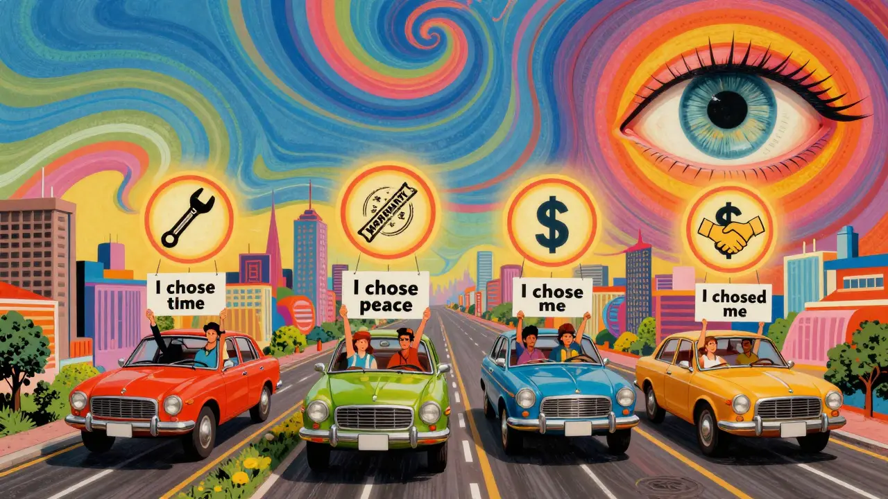 Город будущего с автомобилями, над которыми висят выборы: гаечный ключ или деньги, психоделический стиль.