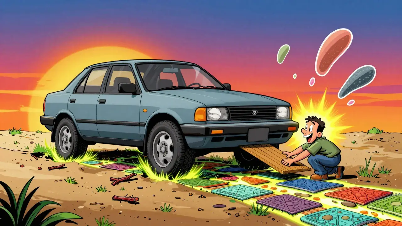 Колёса машины на подложке из веток и ковриков, сияющие цветные узоры показывают лучшее сцепление.