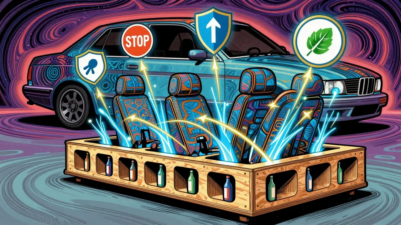 Комбинированный органайзер в автомобиле: фанерный каркас и тканевые карманы, соединенные световыми линиями, в стиле Питера Макс.