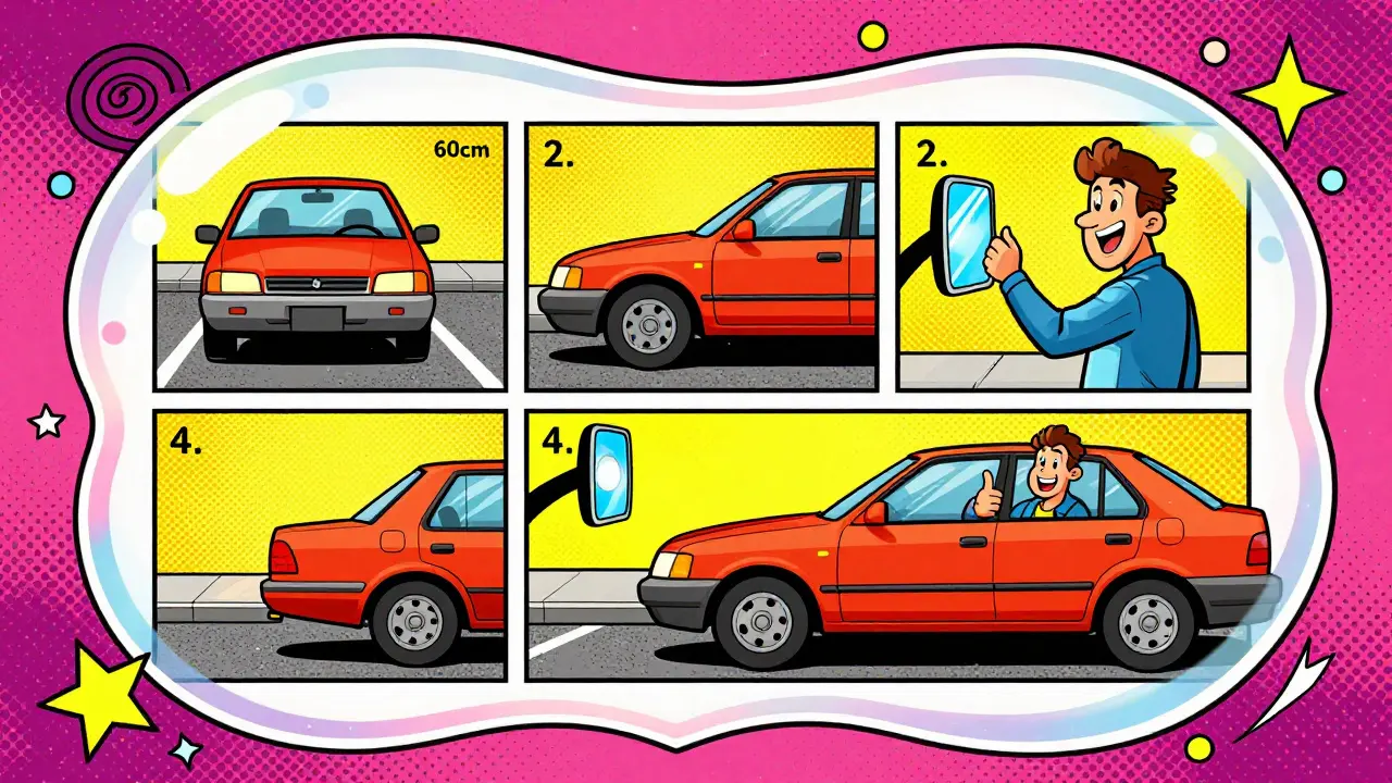 Комикс-панели с пошаговой параллельной парковкой, в стиле психоделического поп-арта с цветными стрелками и указателями.