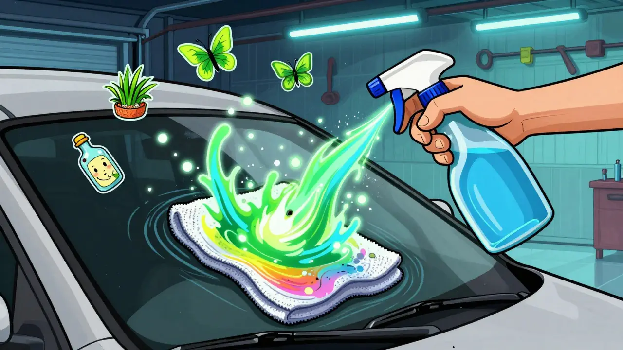 Магическая чистка лобового стекла радужными волнами, насекомые превращаются в бабочек, вокруг — улыбающиеся бутылки средств.