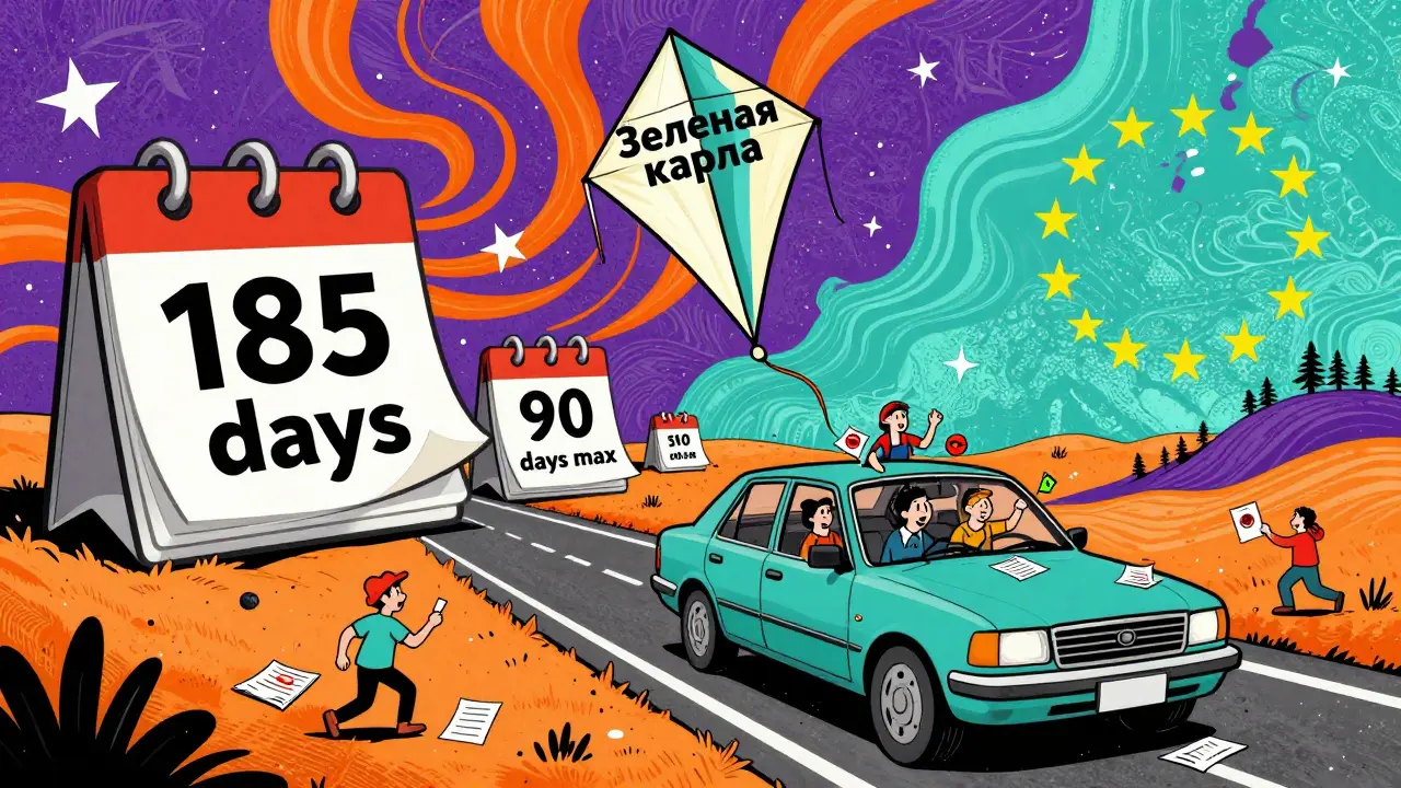 Машина едет по сюрреалистическому маршруту с символами правил въезда в разных странах.