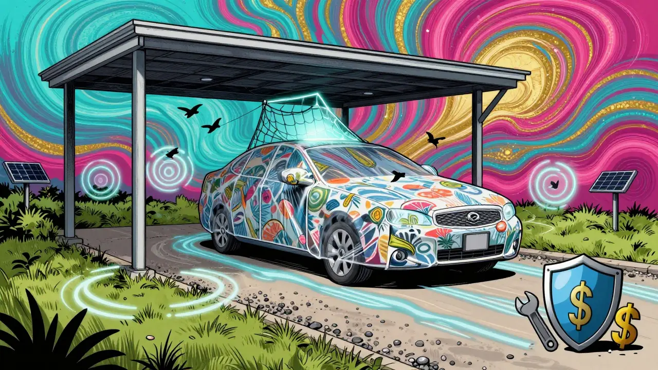 Машина под навесом с защитным чехлом, гравийной drainage и ультразвуковыми волнами, отпугивающими птиц, в психоделическом стиле.