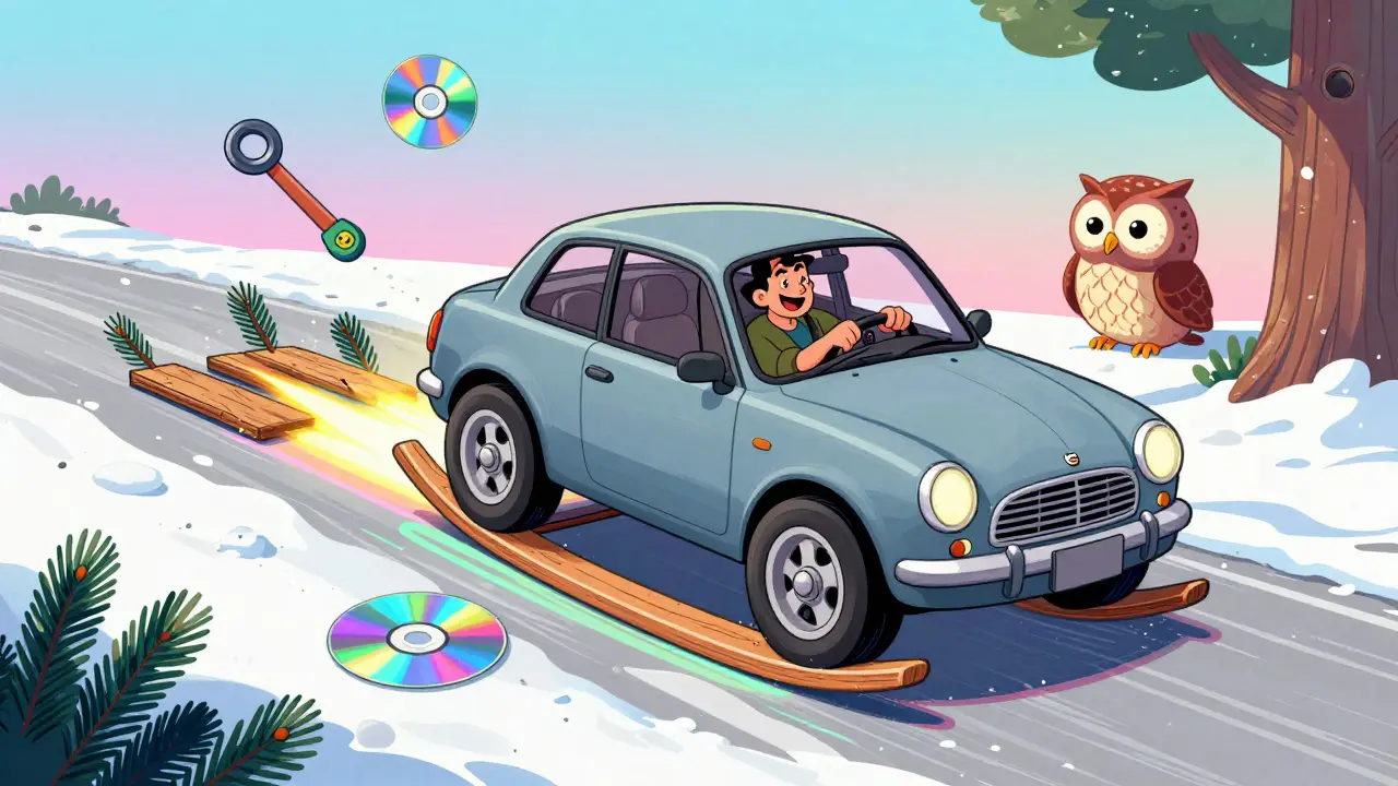 Машина раскачивается вперед-назад по снегу, под колесами — доски и плавающие диски, радужные волны.