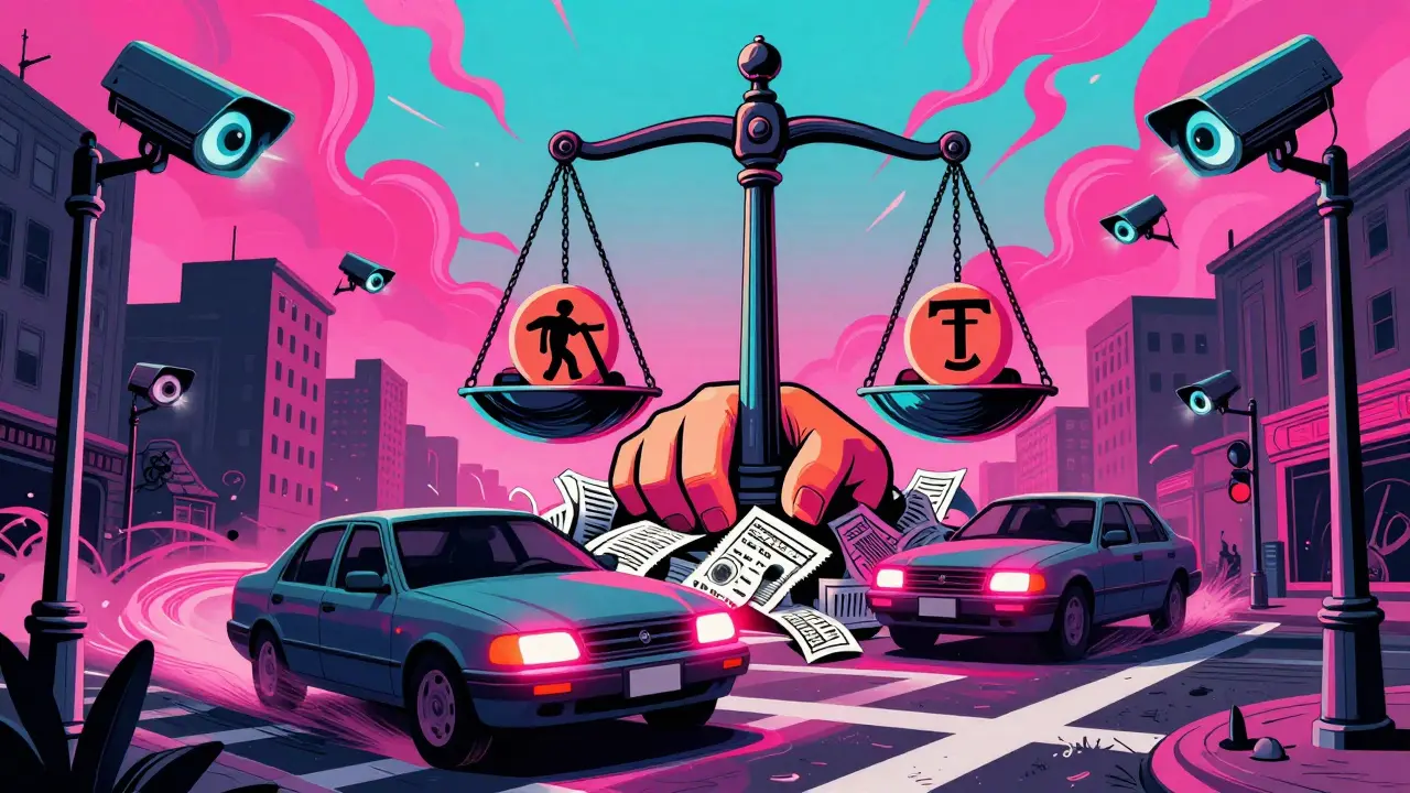 Машина с закрытыми номерами и неоновыми фарами проезжает мимо, над ней — руки справедливости и символы штрафов и алиментов.